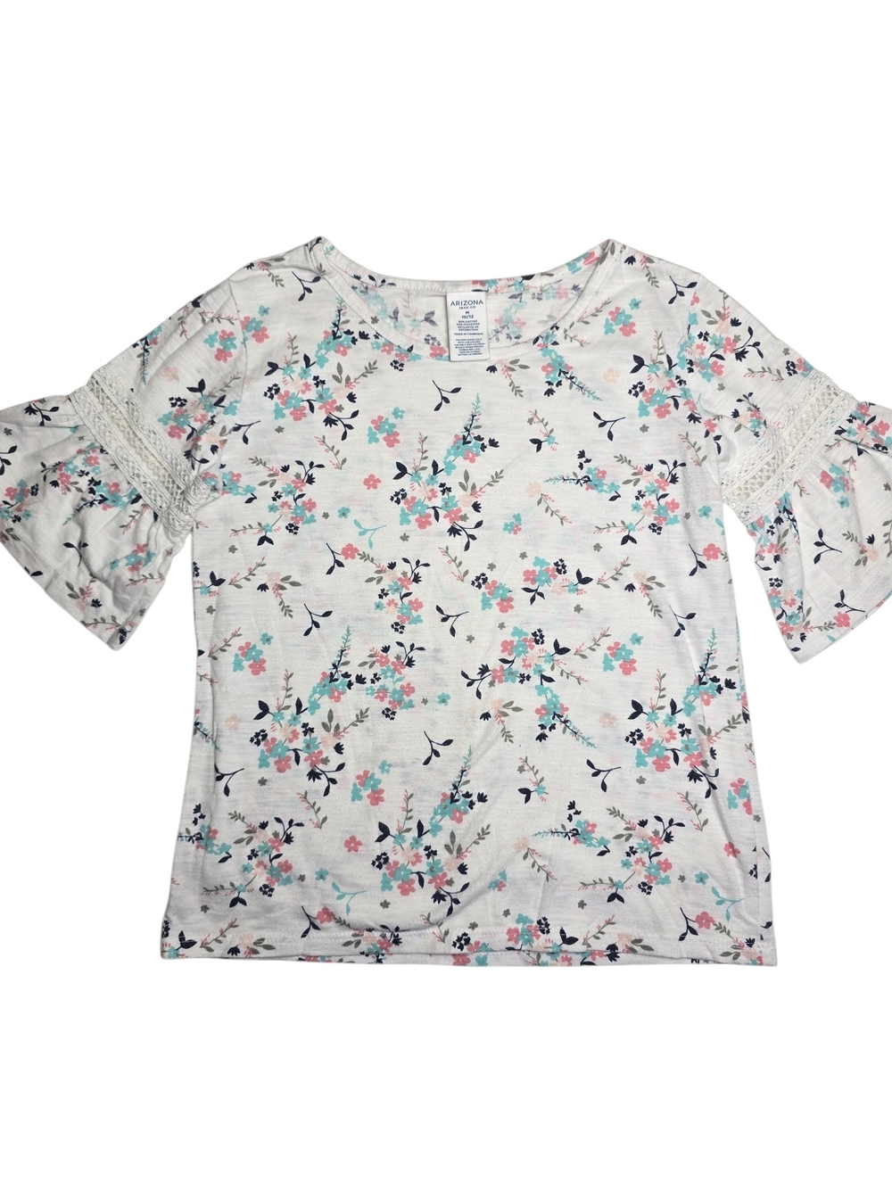 Girls White Floral Bell-Sleeve Top